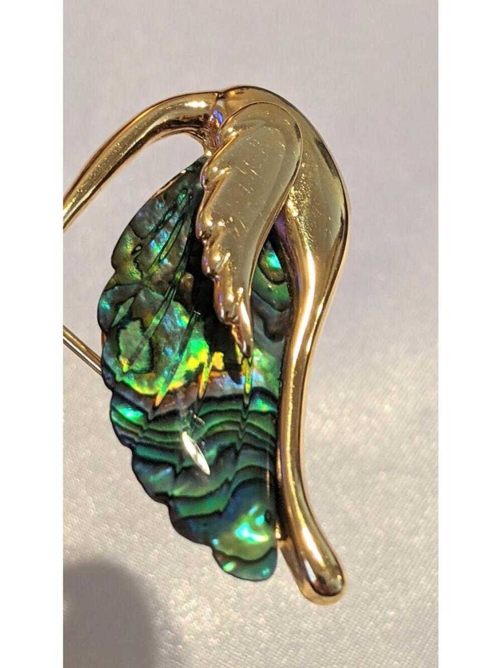 Vintage Gold Tone SWAN Shaped Pin Brooch w/ Inset Abalone Lucite Rainbow Swirls - Picture 9 of 9